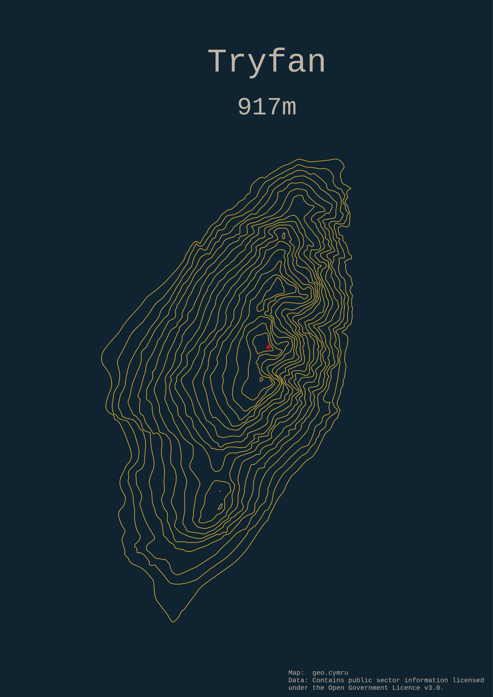 Contour image of Tryfan, a 917m mountain in Wales